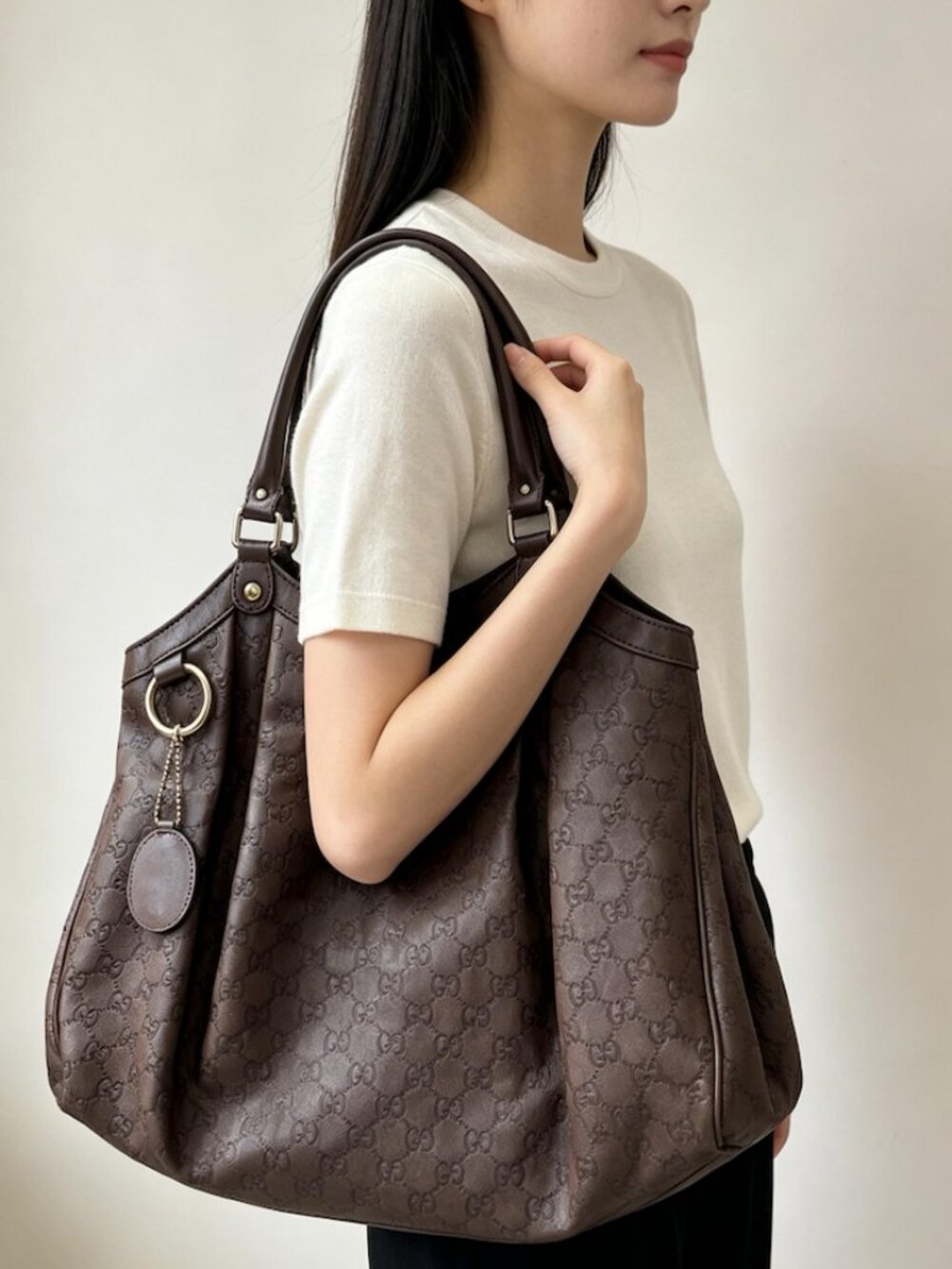 Gucci Brown Monogram Hobo Bag with Leather Trim